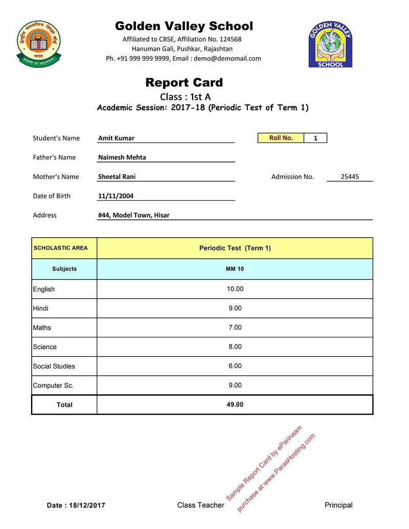 CBSE Report Card Format For Primary Classes I To V