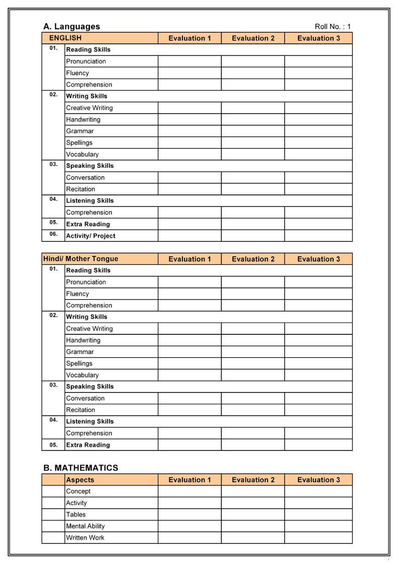 Cbse Report Card Format For Primary Classes I To V