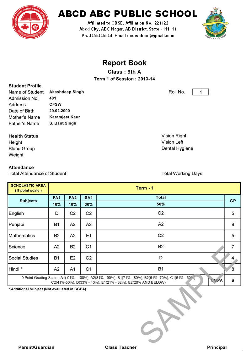 Cbse Cce Report Card Sample For Class 6th 7th 8th