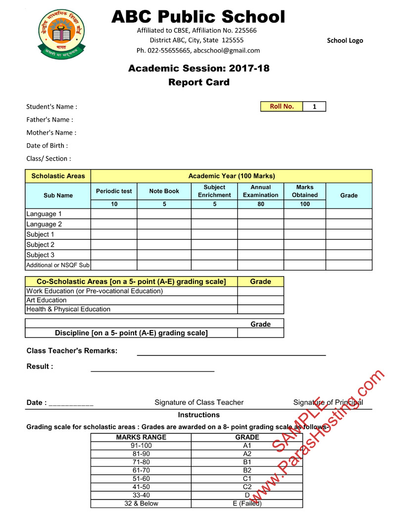 CBSE Report Card Sample Of Class 9th 10th New Format 2017 18