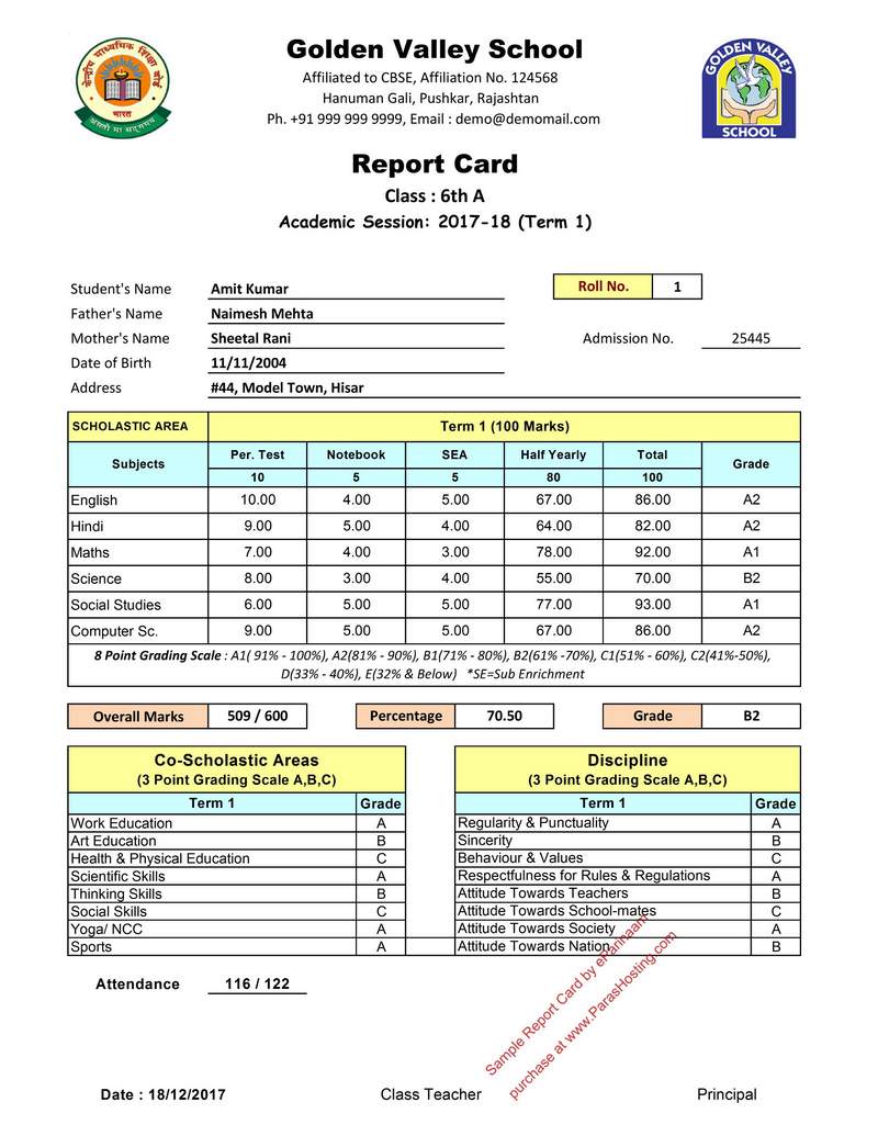 CBSE Report Card Format 2017 18 For Class 6th 7th 8th